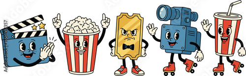 Cinema movie cartoon characters set, popcorn camera ticket soda clapper mascots, film entertainment concept, cute colorful vector illustration
