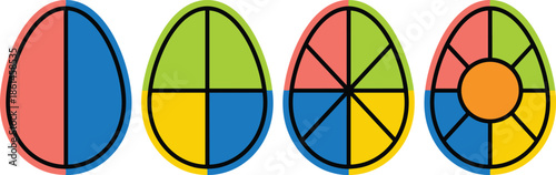 Colorful circular diagram set, segmented pie chart icons, data visualization elements, infographic symbols, flat design, isolated on white background