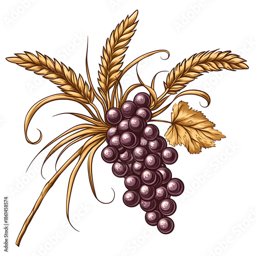 Purple Grapes with Golden Wheat Stalks and Leaf in Harvest-Themed Botanical Arrangement