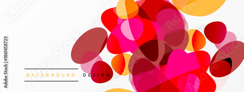 Abstract colorful shapes overlap, creating dynamic background. Red, pink, orange hues dominate design. Simple, modern aesthetic.