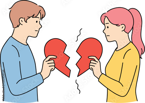 Couple breakup illustration, broken heart relationship concept, emotional separation, love conflict, sadness, man woman holding split heart