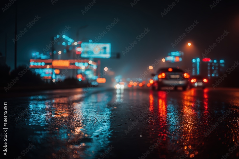 Obraz premium 夜の街の明かりと雨の水たまり