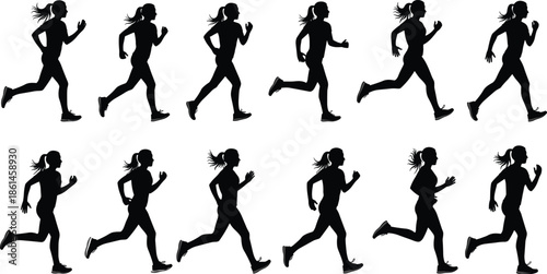 Female runner silhouette vector set, jogging woman motion poses, fitness exercise running action illustration design
