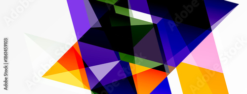 Abstract geometric shapes overlap, creating vibrant color contrasts. Composition features angular forms, dynamic interplay, modern aesthetic.