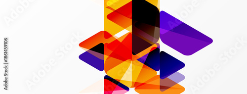 Abstract geometric shapes overlap, creating vibrant color blends. Composition features orange, purple, red hues on white background.