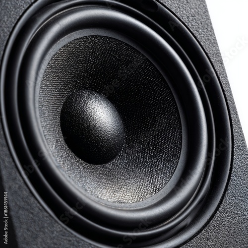 Close-up of a high fidelity black speaker's woofer cone vibrating sound waves, indoor, showcasing textured materials and audio technology for music listening.