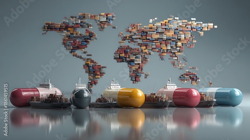 Conceptual image depicting global pharmaceutical logistics with large capsules in front of world map made of shipping containers and cargo ships, symbolizing supply chain.