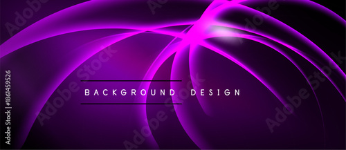 Abstract purple light streaks form dynamic curves. Background features elegant design, dark space surrounds bright elements.