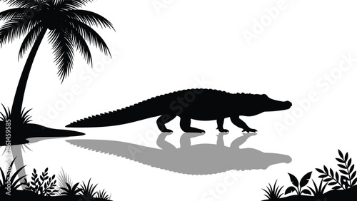 Crocodile silhouette in tropical landscape, palm tree jungle scene, wild reptile nature concept, isolated black vector illustration