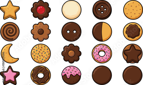 Cute cookies and donuts cartoon icon set, assorted sweet desserts collection, bakery food illustrations, colorful flat vector design