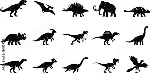 Dinosaur silhouettes collection, prehistoric animals icons set, jurassic reptiles vector illustration, extinct creatures symbols isolated on white background