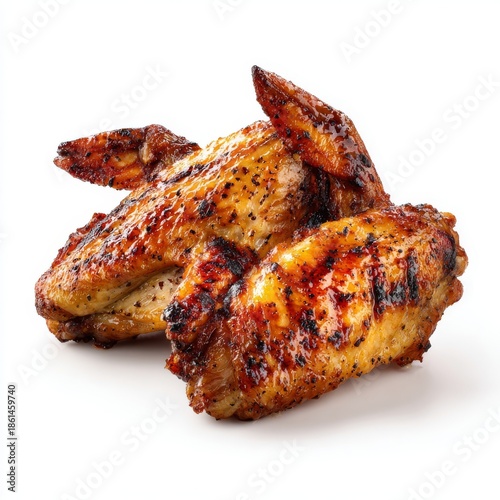 Close-up of Appetizing Grilled Chicken Wings Plated on White Background, Showing Golden Brown Skin and Cooked Texture, Delicious Meal.