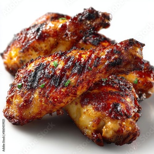Delicious Baked Chicken Drumsticks with Glaze, Fresh Herbs, on White Surface, Studio Shot, Gourmet Poultry Meal Close-up, Food Photography.