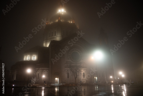 Bild auf Leinwand Cathedral of Saint Paul on a foggy muddy night, in Minnesota