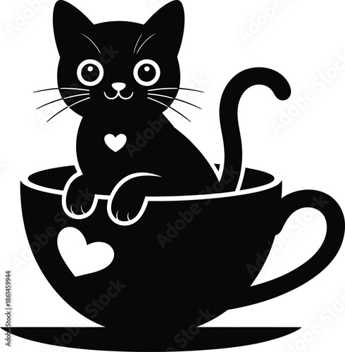 Black Cat Sitting In Teacup