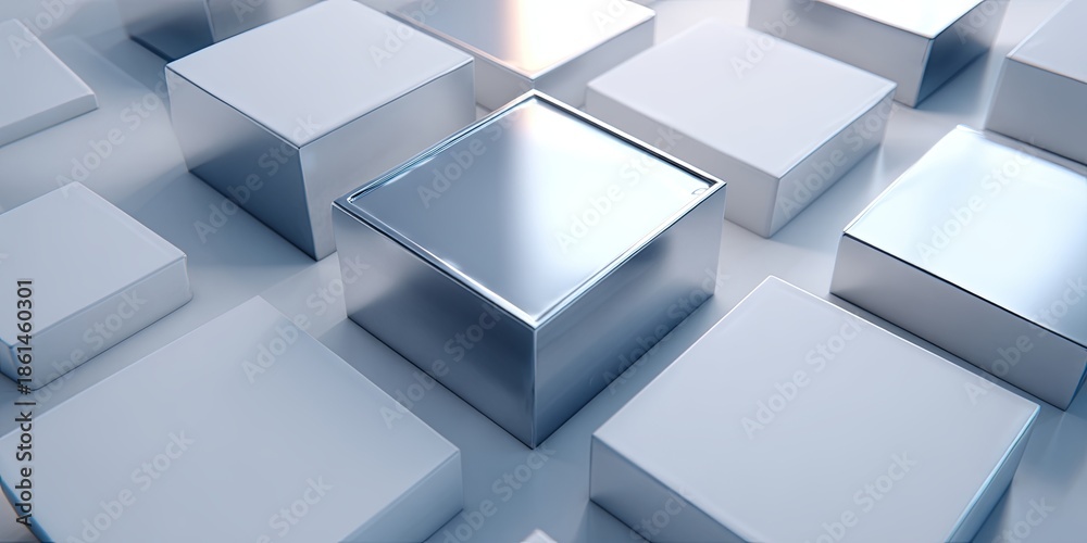 Obraz premium Aerial shot (drone) of clean, multiple, simple geometric blocks/shapes laid out on a table (abstract spatial design/composition concept), abstract pattern, composition, c