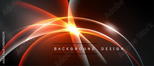Abstract design features vibrant orange lines, glowing center. Dark background creates dramatic visual effect. Modern, dynamic composition.