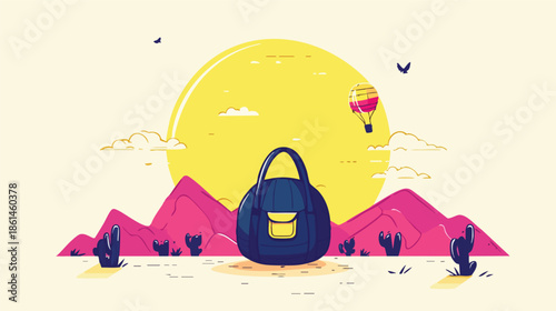 A vibrant illustration showcases a travel bag set against a desert landscape, featuring a large sun, mountains, cacti, and a hot air balloon, evoking adventure and exploration.