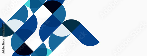 Abstract geometric shapes overlap, creating dynamic blue composition. Minimalist design with white space dominates background. Modern aesthetic.