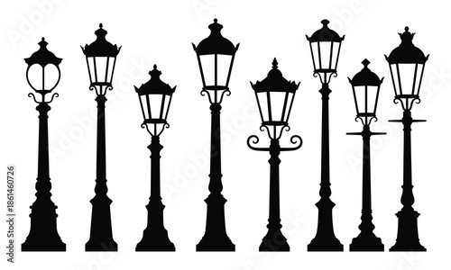 Set of black silhouettes showing various vintage street lamps
