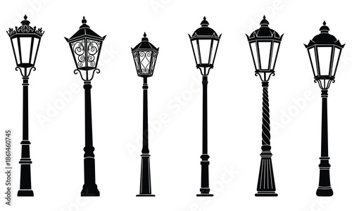 Set of black silhouettes showing various vintage street lamps
