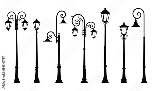 Set of black silhouettes showing various vintage street lamps
