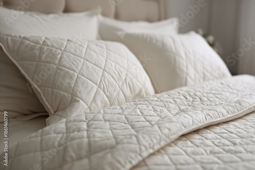 ベッドの上の白い布団と枕の配置