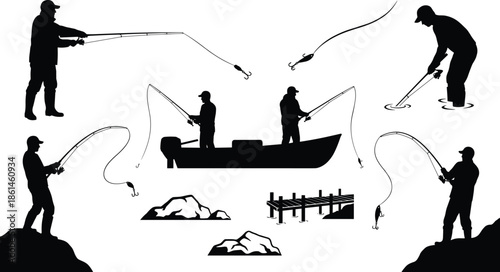 Fishing activity silhouettes set, anglers casting rod from shore boat pier freshwater sport outdoor recreation black vector illustration