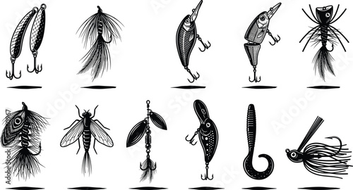 Fishing lure silhouettes collection with artificial baits hooks flies spinners isolated white background angling illustration vector set