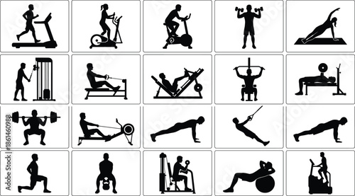 Fitness workout silhouettes set, gym exercise training people using equipment strength cardio yoga black vector illustration collection