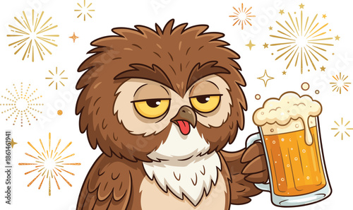 Funny cartoon owl holding beer mug, cute drunk owl character illustration, festive fireworks background, humorous animal mascot, party celebration design