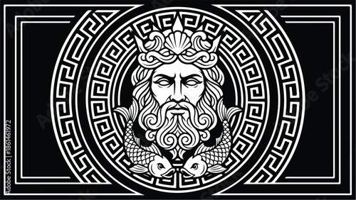 Ancient Greek God Poseidon with Trident and Fish.