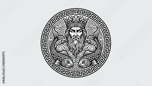 Ancient Greek God Poseidon with Fish in Ornate Circle.