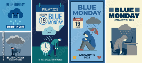 Vector illustration set for Blue Monday on January 19 2026 featuring sad characters, rainy clouds, and melting clocks. Concept of depression, winter blues and mental health posters