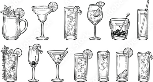 Hand drawn cocktail glasses set, vintage drink illustration collection, bar menu design elements, alcohol beverages sketch, isolated line art