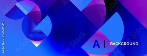 Abstract geometric shapes overlap, creating vibrant blue, purple gradients. Modern design suggests technology, innovation, digital art.