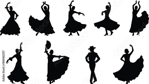 Flamenco dancer silhouette icon set, Spanish dance poses collection, traditional cultural performance figures, black vector illustration