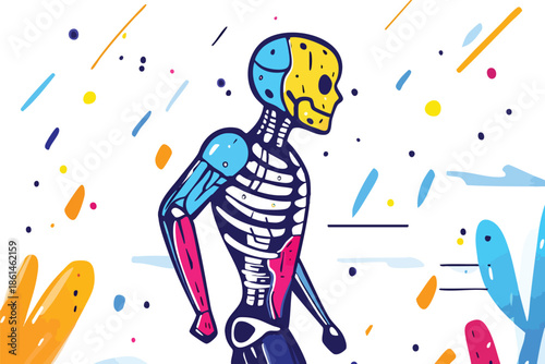 A vibrant illustration showcases a stylized human skeleton with colorful anatomical details, set against a bright, abstract background with flowing shapes and a sense of movement.