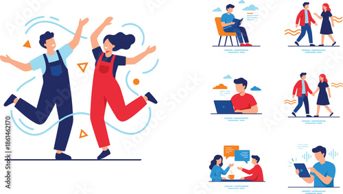 Happy people lifestyle illustration, joyful dancing couple and daily activities scenes, communication work leisure moments, modern flat vector design set