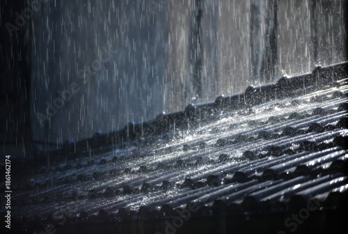 Rainwater streams down the edge of a sloped roof against a misty mountain backdrop, creating a dramatic, atmospheric scene.