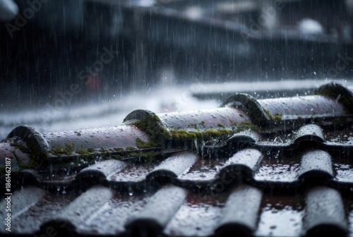 Rainwater streams down the edge of a sloped roof against a misty mountain backdrop, creating a dramatic, atmospheric scene.