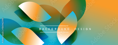 Abstract fluid shapes overlap, creating vibrant color gradients. Design features orange, teal, green hues. Modern aesthetic.