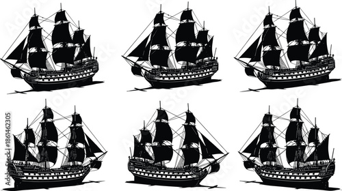 Historic sailing ship silhouettes collection with vintage pirate galleon wooden vessels isolated white background maritime illustration vector