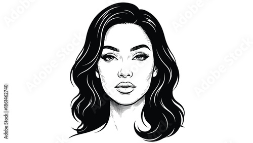 Beautiful Woman Face Black and White Illustration.