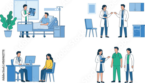 Hospital medical staff illustration, doctors nurses consulting patients, inpatient care ward scenes, healthcare teamwork diagnosis treatment modern clinic environment services