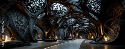 crazy biomechanical wall design in futuristic corridor, futuristic biomechanical corridor with surreal mechanical walls, scifi biomechanical interior tunnel with organic walls