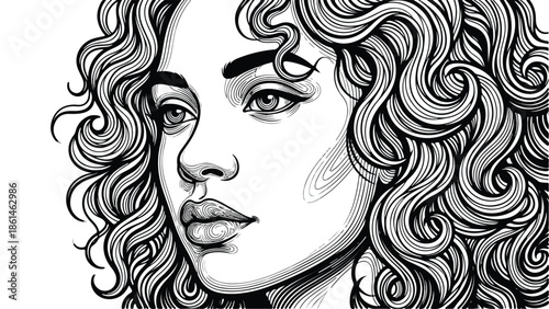 Beautiful Woman with Curly Hair Line Art Illustration.