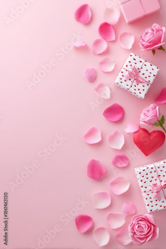 Valentine's day flat lay composition of gifts and roses romantic theme pink background