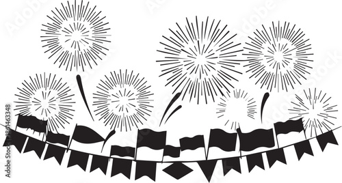 Black and white illustration of fireworks and festive bunting flags