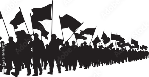Silhouetted crowd marching with flags against white background